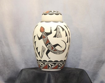 Lizard design on Native American Urn Adult Cremation Urn, handmade pottery