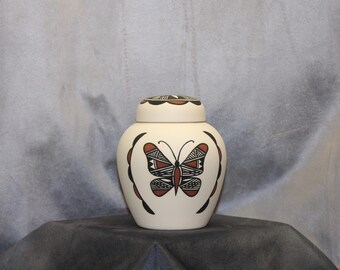 Butterfldy Native American Cremation Urn for Ashes, Hand painted design small container with lid