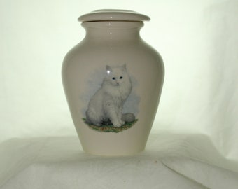 White Cat Cremation Urn, Ceramic Keepsake Pet Urn