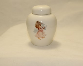 Tiny Ceramic Cremation Urn: Angel with Kitten, Baby/Pet Keepsake