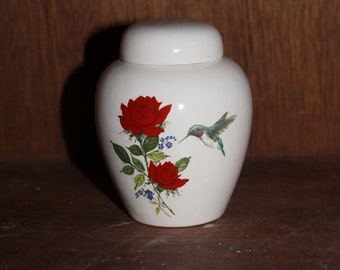 Red Roses Hummingbird Tiny Ceramic Cremation Urn, Pet Memorial
