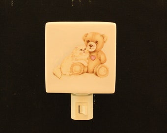 Teddy Bear with Kitten Porcelain Night Light, Memorial Remembrance Gift, Nursery Nightlight