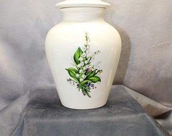 Lily of the Valley Ceramic Jar with Lid, Cremation Urn, Medium Urn for Ashes, Pet Urn, Art Pottery, Handmade Urn