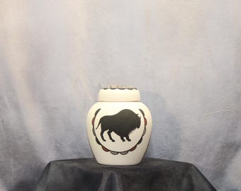 Hand Painted Native American Buffalo Cremation Urn, Small Sharing Urn