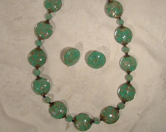 Murano Green Glass with Gold Necklace and Earrings Set 1950s On HOLD