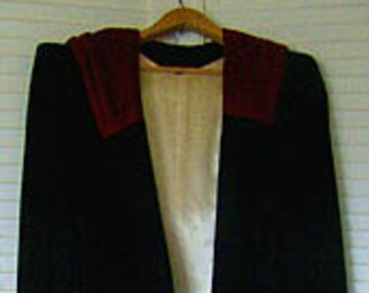 Art Deco Black Velvet Full Length Evening Coat with Red Cowl Hood 1930s Vintage
