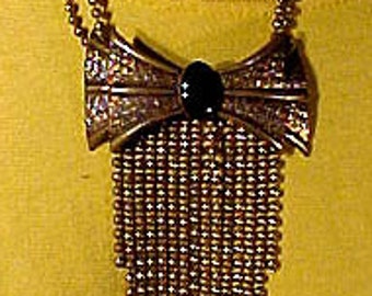 ART DECO Brass and Black Glass Bow Chain Fringe NECKLACE 1930