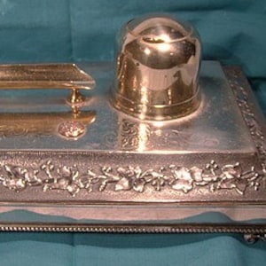 Ornate Victorian SIlver Plate Ink Stand with Drawer & Pen Rest 1860