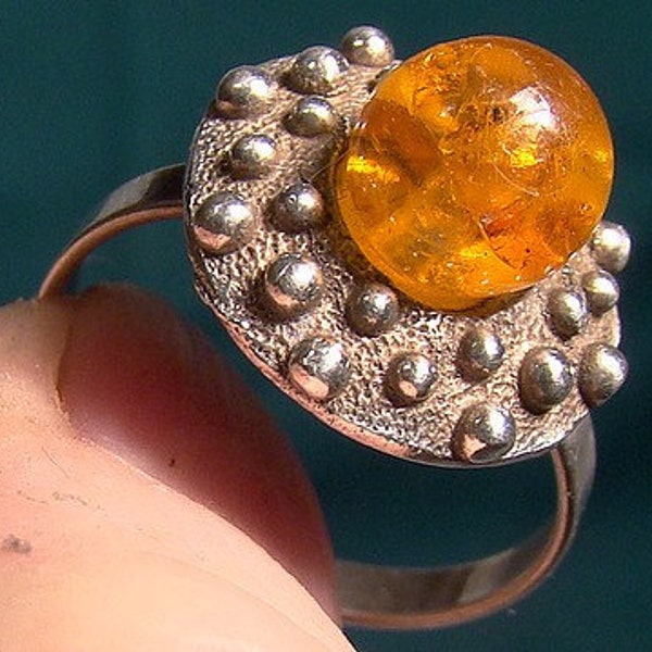 835 Silver and Amber Ring 1950s-1960s Germany Size 7-1/2