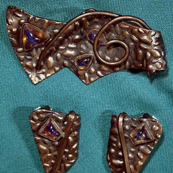 Modernist Saphiret Copper Brooch and Earrings Set 1950s