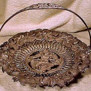 19thC Victorian Silver Plate Card Salver Basket Tray with Roses