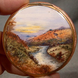 Art Deco Scenic Guilloche Enamel Compact 1920s