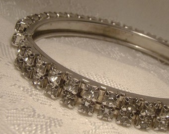 Double Row White Rhinestone Bangle Bracelet 1950s Rigid Retro