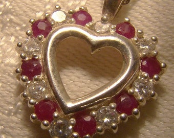 Sterling Silver Rubies Heart Pendant Necklace 1980s Ruby and Cubic Zirconia