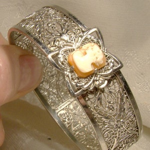 Art Deco Cameo Filigree Bangle Bracelet 1930s Rhodium Plated