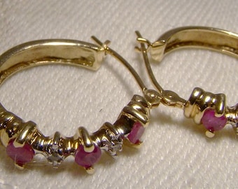 10K Rubies and Diamonds Hoop Earrings 1980s with 14k Posts