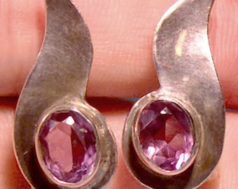 Sterling Silver Amethyst Earrings 1940s Modernist Design Mexico