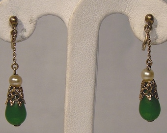 Art Deco Gilt 830 Silver Filigree Dangle EARRINGS 1920s Glass & Pearl CF Andreasen Denmark Do NOT Purchase