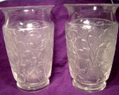 Pair Lalique Deauville 6 quot Art Glass Vases 1950s Matched Pr Leaf and Floral