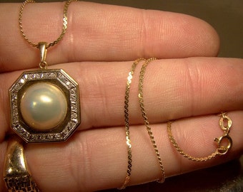 14k MABE PEARL Diamonds Octagon Pendant Necklace 1970s