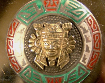 Peru Silver and Gold Inca Mask Enamel Brooch 1950s-60