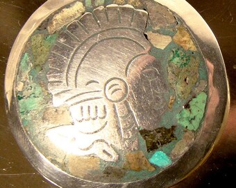 Mexican Sterling Silver Inlaid Turquoise Mayan Profile Brooch Pendant 1950s 1960s