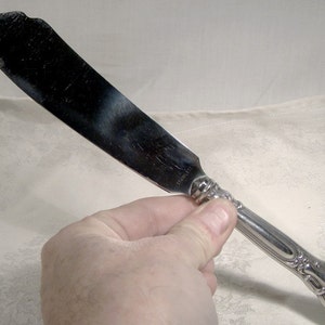 May include: A silver cake knife with an ornate handle. The blade is marked "STAINLESS"