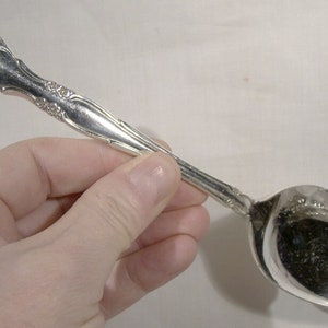 May include: A silver spoon with an ornate handle and a rounded bowl. The spoon is held in a hand.