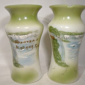 Antique Niagara Falls Souvenir Milk Glass Spills or Mantle Vases