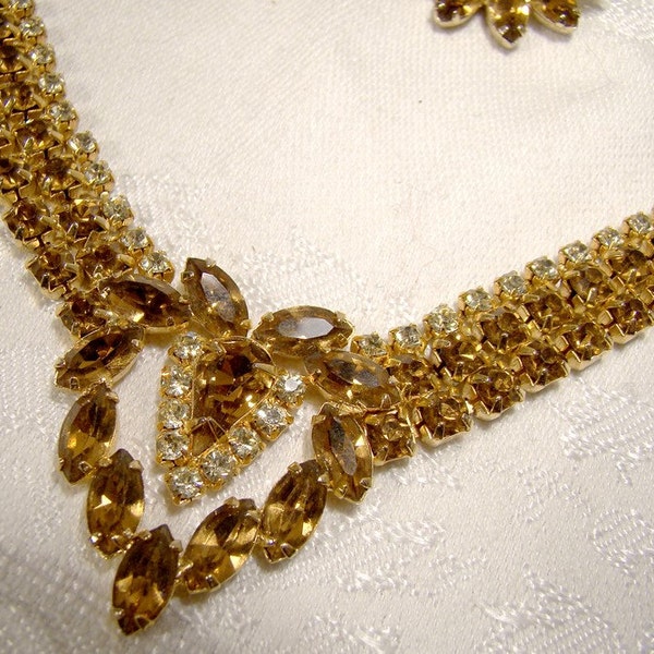 Continental Champagne & Cinnamon Rhinestone Heart Shape Necklace Earrings Set 1950s