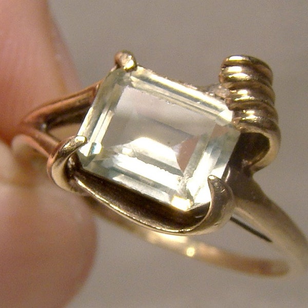 10K Yellow Spinel Emerald Cut Ring 1950s Size 7-3/4 10 K Modernist Wave