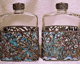 Chinese Enamel Glass Man's After Shave Cologne Bottles Pair