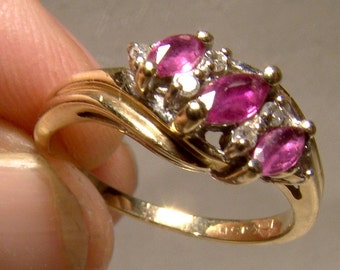 10K Marquise Cut Ruby and Diamonds Row Ring 1970s Size 7 Yellow Gold