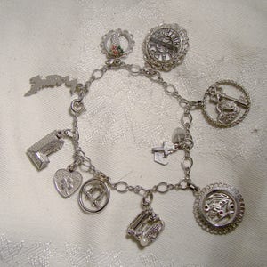 Sterling Silver Charm Bracelet with 10 Charms 1970s