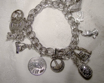 Double Link with Twist Sterling Silver Charm Bracelet with 15 Charms 1970s