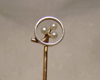 Edwardian 14k and 10K Pearl Clover Stickpin 1915 1920 White and Yellow Gold
