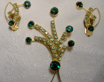 Green Rhinestones GP Pin or Brooch & Earrings Set 1950s