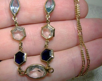 Gilt Sterling Silver Glass Gems Chain Necklace 1970s-1980s