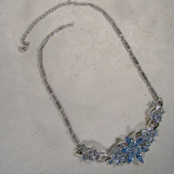 Coro Blue Flower and White Rhinestones Necklace 1950s