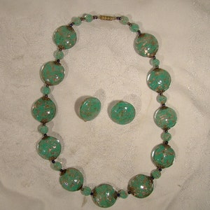 Murano Green Glass with Gold Necklace and Earrings Set 1950s