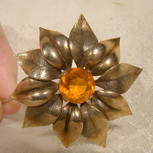 Adorna Flower Brooch with Orange Glass Stone Gold Filled 1940s