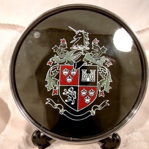 Gorham Sterling Silver Rim and Enamel Glass Wine Slide or Salver Tray with Heraldic Crest 1970s