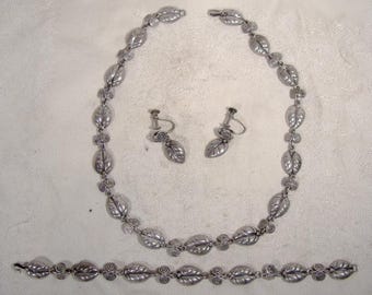 Sterling Silver Necklace Bracelet & Earrings Set 1950s Signed V.A. Taxco Mexico