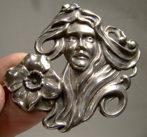 Art Nouveau Sterling Silver LADY with POPPY Brooc… - image 1