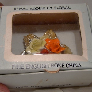 Royal Adderley China Roses Floral Pin Brooch in Original Box 1960s