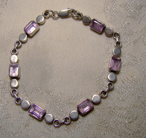 Sterling Silver Amethysts Bracelet Rectangle & Circles