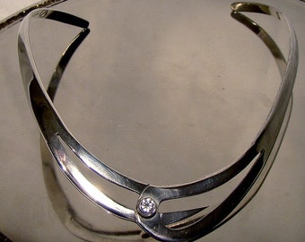 Mexican Sterling Silver Torque Necklace with Cubic Zirconia 1980s