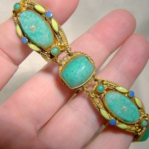 Czech Art Deco Green Glass and Enamel Bracelet 1920s