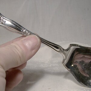 May include: Silver serving spoon with an ornate handle featuring a floral design. The spoon has a wide, rounded bowl.
