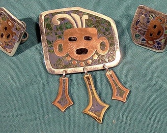 Nestor Mexico Sterling Mosaico Azteca Brooch and Earrings Set